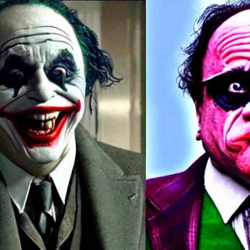 Image similar to Danny Devito as The Joker, still image from Batman movie, shot of face