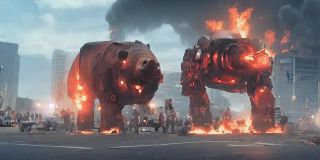 Image similar to movie still of a giant pig robot in the middle of a city on fire