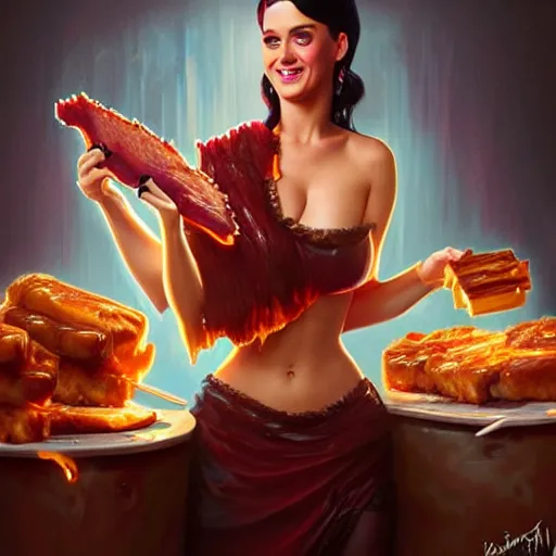 Image similar to Katy Perry Eating BBQ Ribs, dripping BBQ Sauce, D&D, fantasy, intricate, elegant, highly detailed, digital painting, artstation, concept art, matte, sharp focus, illustration, hearthstone, art by Artgerm and Greg Rutkowski and Alphonse Mucha