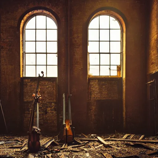 Prompt: abandoned steampunk factory with a Lonely cello, cinematic light,