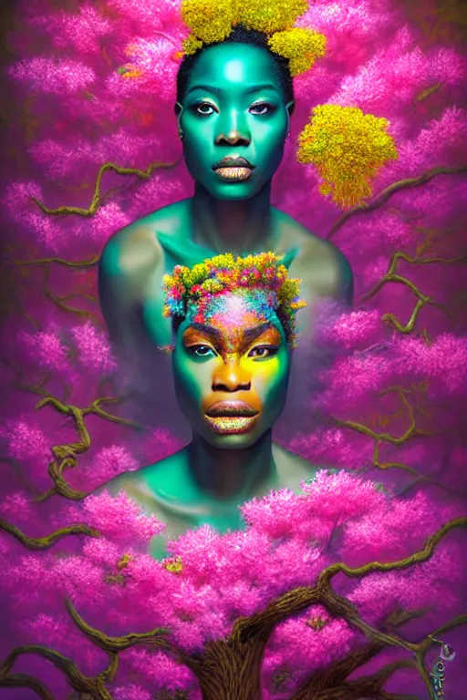 Prompt: high quality photo neo - rococo cinematic super expressive! yoruba goddess with exoskeleton armor, merging with tree in a forest, pink yellow flowers, highly detailed digital art masterpiece, smooth etienne sandorfi eric zener dramatic pearlescent soft teal light, ground angle hd 8 k, sharp focus