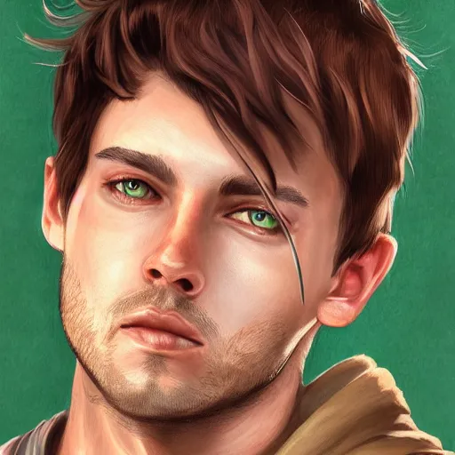 Image similar to realistic portrait, 25 years old man :: athletic fantasy mage :: green eyes, long brown hair :: wearing a brown robe :: high detail, digital art, RPG, concept art, illustration