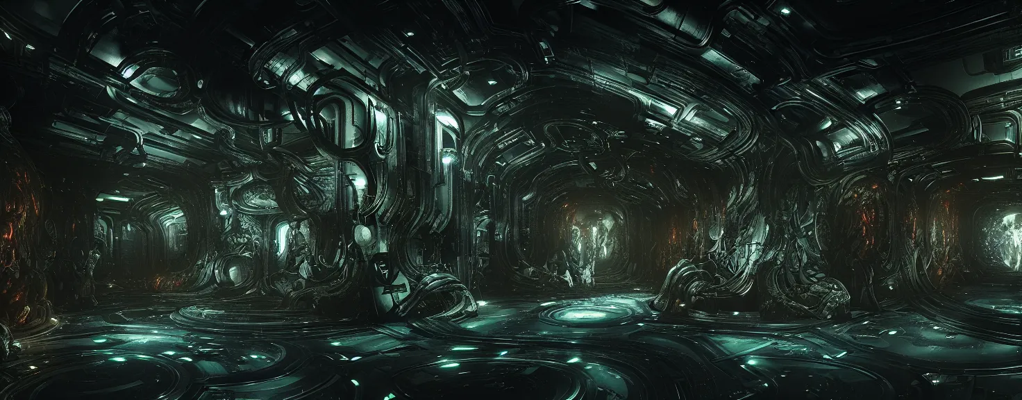 Image similar to Prometheus biological sci-fi corridor set in a nightmarish universe of odd forms and somber tapestry, humans exploring, HR Giger, vivid color scheme, featured in artstation, octane render, cinematic, elegant, intricate, 8k