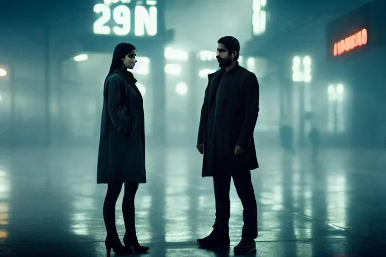 Image similar to film still of closeup beautiful model indian couple in blade runner 2 0 4 9, train station, cinematic, moody, gritty neon noir by emmanuel lubezki