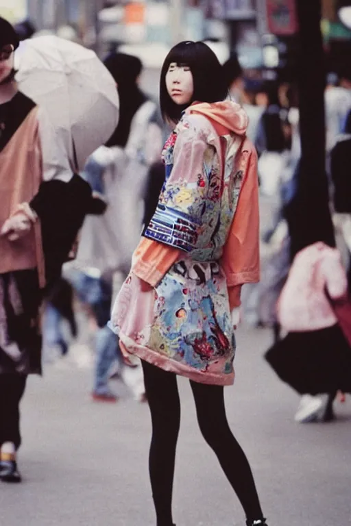 Image similar to a 1 9 9 0 s street fashion photograph of a young japanese woman in 9 0 s fashion!!!, in bubble era tokyo ueno, shot on cinestill 5 0 d with a canon 8 5 mm at f / 5. 6 lens, print magazine quality!!, very photorealistic!!, nineties nostalgia!!!, 4 k