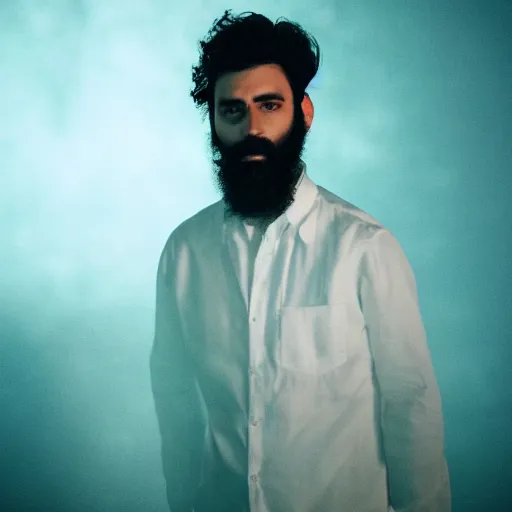 Image similar to a man with black hair and beard, wearing a black jacket, white shirt and blue jeans, standing in a room engulfed in red light, cinematic, bloom, breathtaking, illustration, realistic