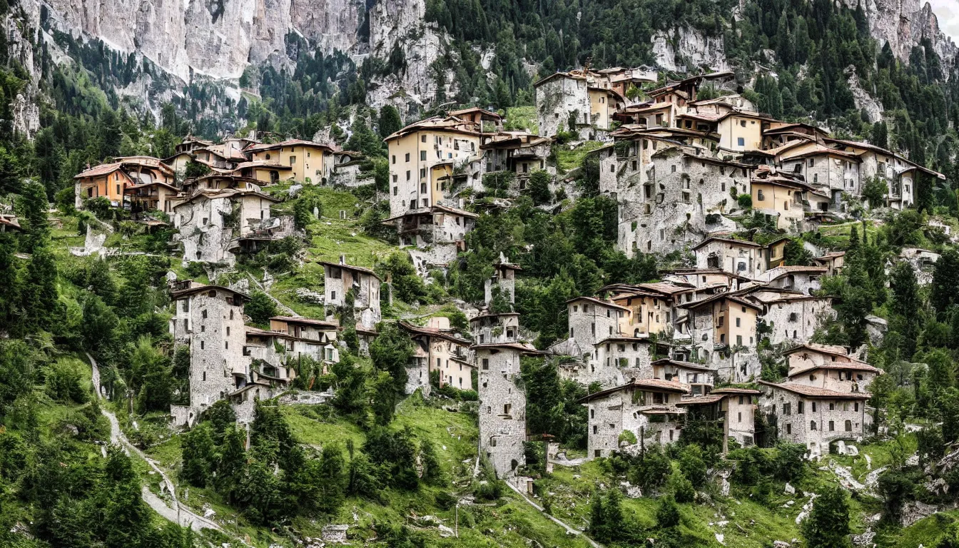 Prompt: an abandoned italian town in the dolomites mountains, overgrown