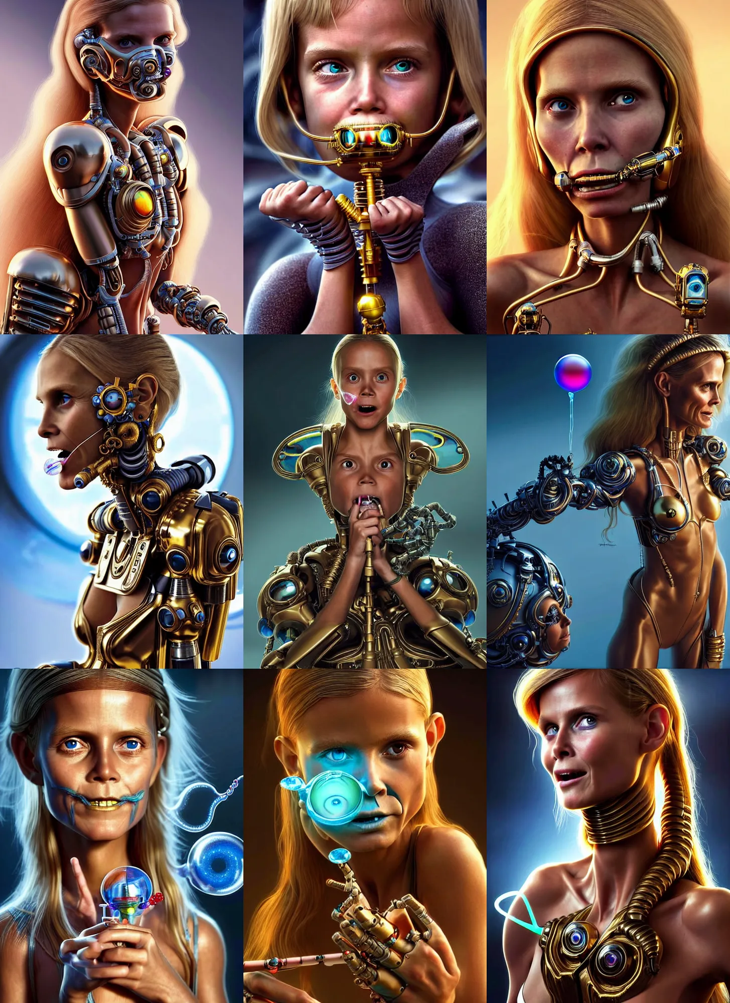 Prompt: polished decadent ornate masterpiece : : young heidi klum cyborg blowing a bubble : : weta disney pixar movie still photo : : hi - fructose, sci fi, fantasy, highly - detailed digital painting, golden ratio, accent lighting, octane render, artstation, smooth, sharp focus, beeple, rutkowski, mucha