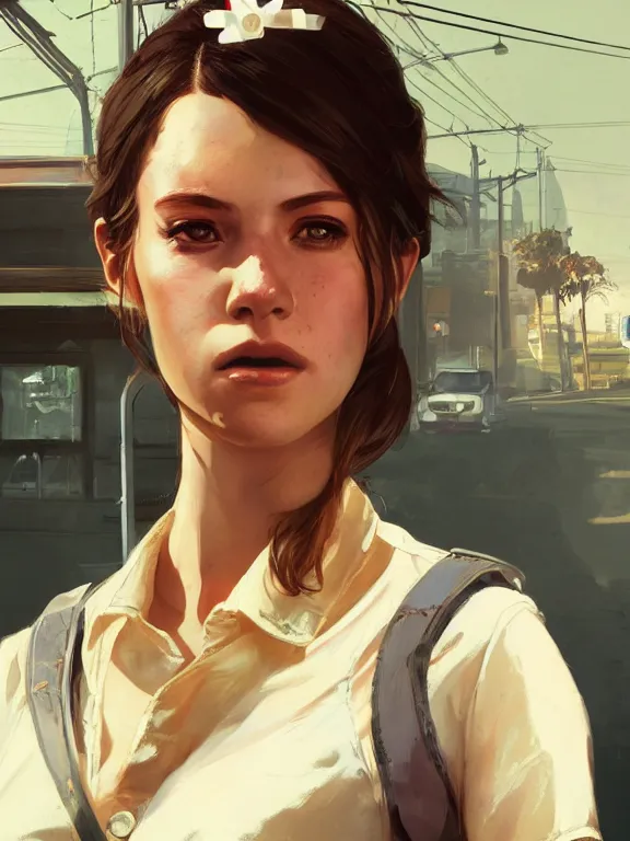 Image similar to portrait of a young female waitress from grand theft auto 5, art by ryo shiotani and greg rutkowski, intricate, beautiful, cute, cinematic lighting, vintage art by serge ivanoff, high resolution, very detailed