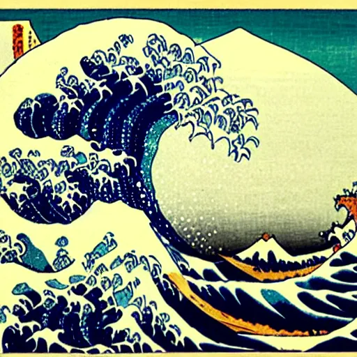 Image similar to ocean waves and mountains, Ukiyo-e style by Katsushika Hokusai