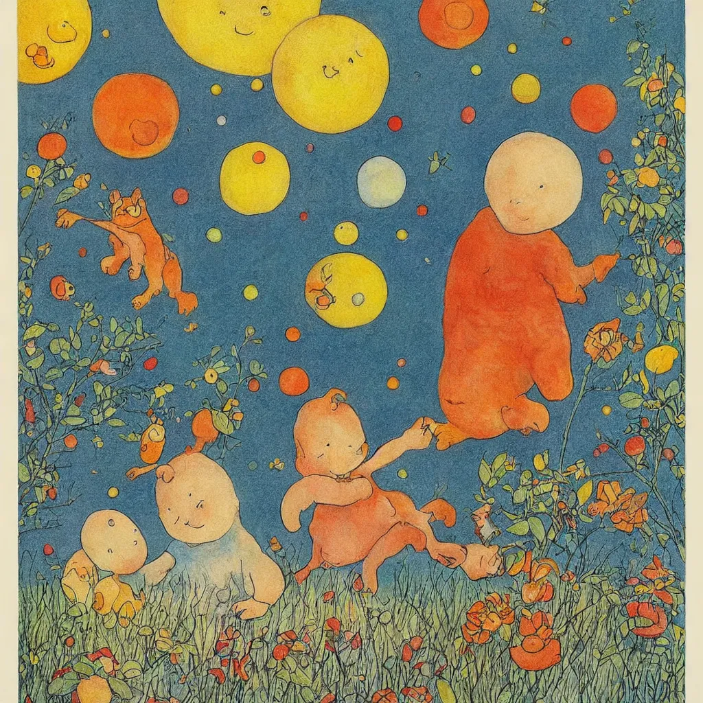 Prompt: single planet, cute, art print, lithography, baby room, by elsa beskow, saturn