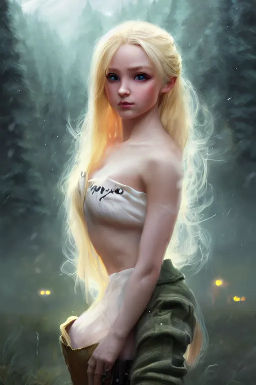 Image similar to cinematic shot of an epic portrait of a cute blonde fairy dressed in military clothes, stylised military clothes, shiny skin, beautiful eyes, beautiful, small details, night setting, realistic poster with volumetric light from craig mallism, artgerm, jeremy lipkin and michael garmash, unreal engine, radiant light, digital art, trends at art station, a masterpiece