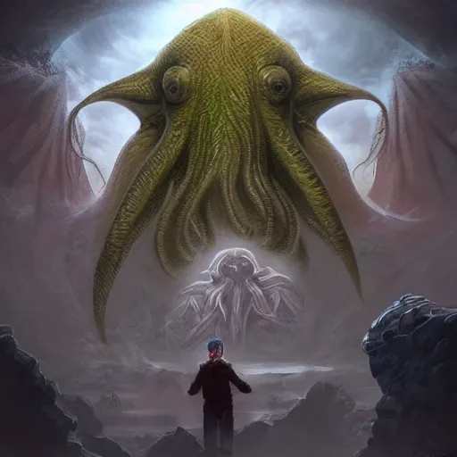 Image similar to human looking at big monstrosity of Cthulhu, chibi style, artstation, cgsociety, by WASU_ART