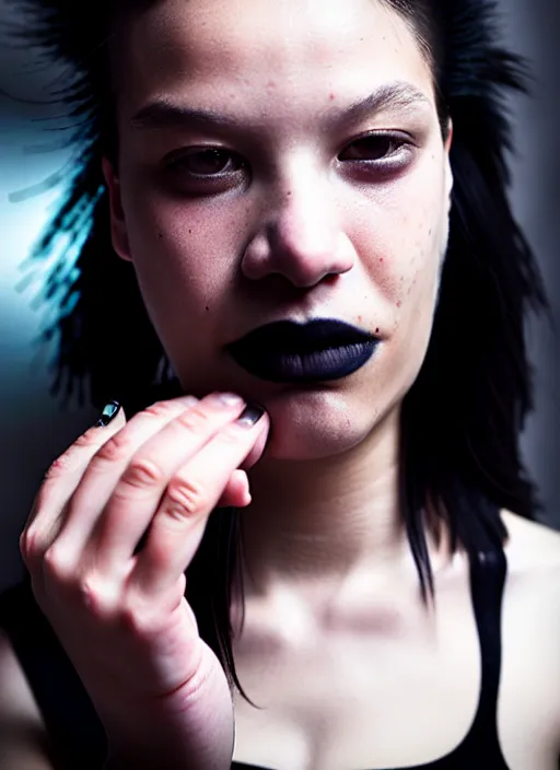 Image similar to cinestill 5 0 d candid photographic portrait by steven spielberg of a beautiful mixed feminine man wearing black techwear and light makeup looking in a broken bathroom mirror, rundown new york apartment, medium closeup, retrofuturism grunge cyberpunk lights shadows refraction, 3 5 mm, f / 3 2, 4 k, 8 k, hd, high resolution, ultra realistic faces, intricate detail