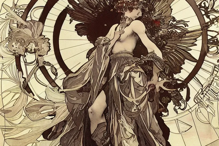 Image similar to A Nike Goddess of Victory with wings by Alphonse Mucha and Yoji Shinkawa in the syle of Art Noveau