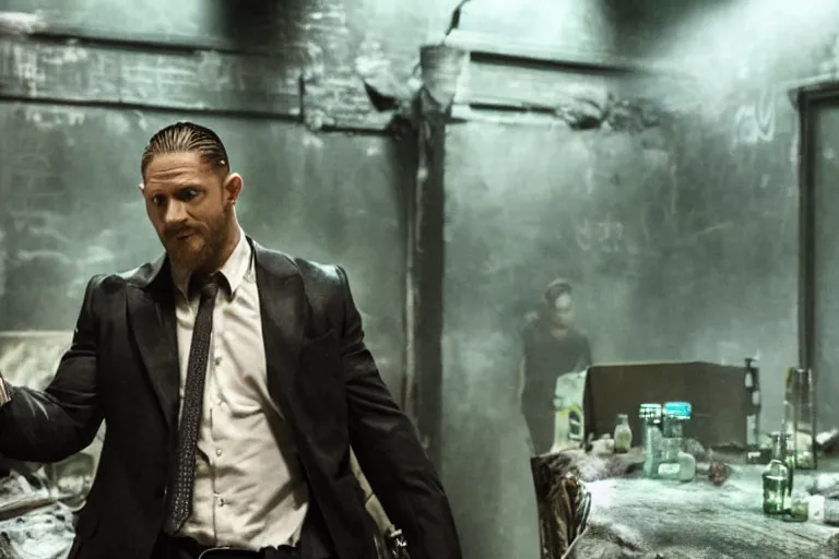 Image similar to film still of Tom Hardy as Max Payne at Club RagnaRock in the Max Payne movie, 4k