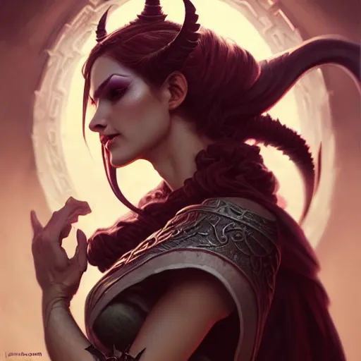 Image similar to Demoness, female, robes, D&D, fantasy, intricate, elegant, highly detailed, digital painting, artstation, octane render, concept art, matte, sharp focus, illustration, hearthstone, art by Artgerm and Greg Rutkowski and Alphonse Mucha