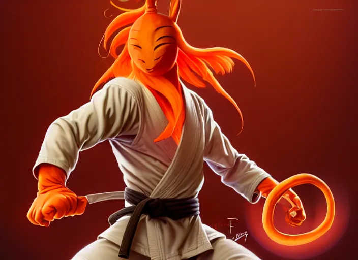 Image similar to a anthropomorphic carrot wearing karate gi, diffuse lighting, fantasy, dojo background, intricate, elegant, highly detailed, lifelike, photorealistic, digital painting, artstation, illustration, concept art, smooth, sharp focus, art by frank frazetta and marco bucci and loish and rossdraws and artgerm and alphonse mucha