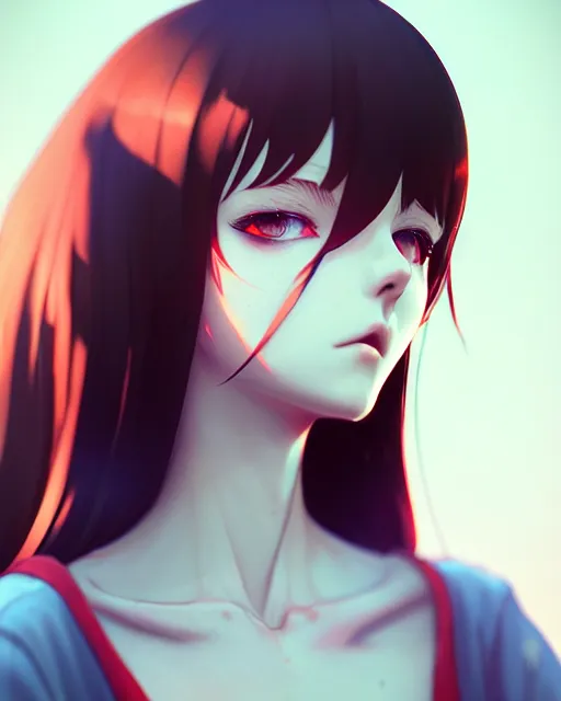 Image similar to full very close up neck shot of a beautiful loner girl, in tshirt, demented, russian, by saruei and guweiz and ilya kuvshinov and range murata, digital art, highly detailed, intricate, sharp focus, trending on artstation hq, deviantart, pinterest, unreal engine 5, 4 k uhd image