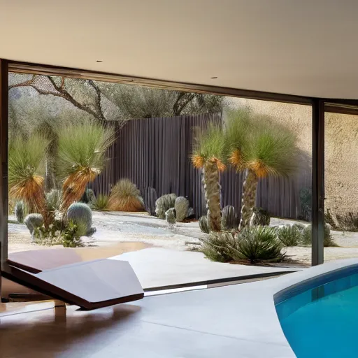 Image similar to modern desert pavlion interior looking out of large pivoting doors into expansive pool and vista with cacti