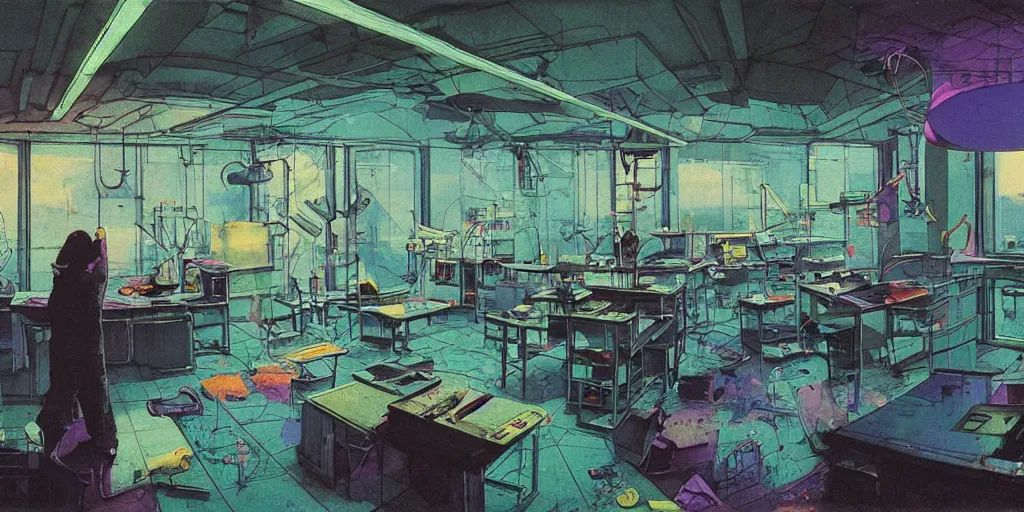 Image similar to messy grimy 90s science lab with circular windows, figures, bright fluorescent lights, neon colors, cinematic, cyberpunk, smooth, chrome, lofi, nebula, calming, dramatic, fantasy, by Moebius, by zdzisław beksiński, fantasy LUT, studio ghibli, high contrast, epic composition, sci-fi, dreamlike, surreal, angelic, 8k, unreal engine, hyper realistic, fantasy concept art, XF IQ4, 150MP, 50mm, F1.4, ISO 200, 1/160s, natural light, Adobe Lightroom, photolab, Affinity Photo, PhotoDirector 365,