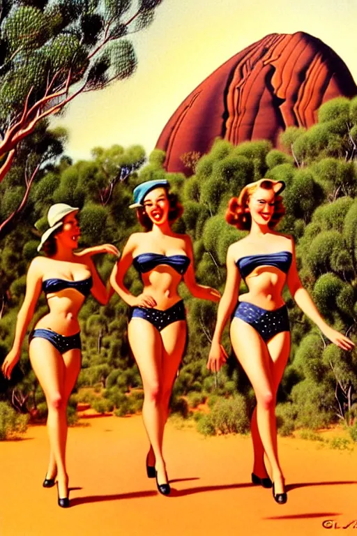 Image similar to 1940s group of pinup bikini girls walking around 1940s Ayers Rock, Uluru, in Australia, oil painting, by Gil Elvgren