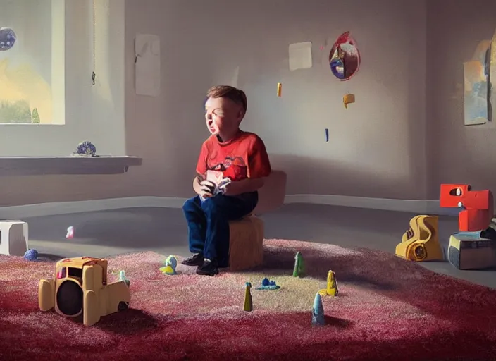 Prompt: lonely toddler elon musk sitting on a shaggy rug playing with his little rockets, bedroom, realistic painting, beautiful soft lighting, istvan sandorfi