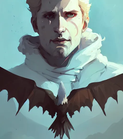 Image similar to portrait of cullen from dragon age with raven wings by atey ghailan, by greg rutkowski, by greg tocchini, by james gilleard, by joe fenton, by kaethe butcher, dynamic lighting, gradient light blue, brown, blonde cream and white color scheme, grunge aesthetic