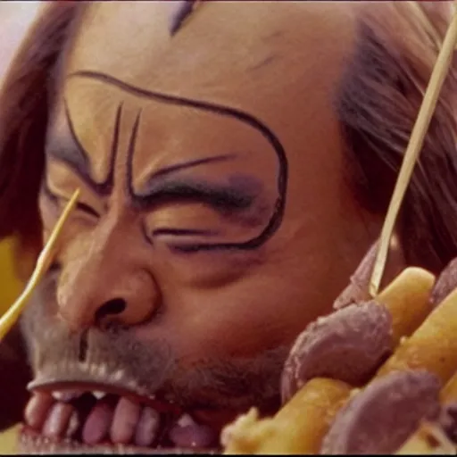 Image similar to scene from Kagemusha, 1980, movie still, cinematic, a samurai eating a delicious hot dog, epic,