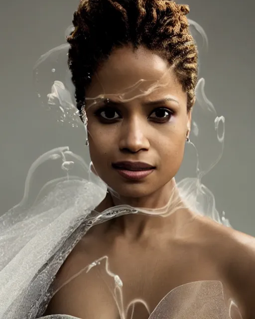 Image similar to annie leibovitz style photoshoot editorial of gugu mbatha - raw as sue storm of the fantastic four, wearing a beautiful iridescent shimmering wedding dress made out of particle effects, force field soap like bubble, hyperreal, magical, translucent, iridescent, shimmering wedding dress