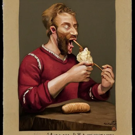 Image similar to a man eating a sausage, highly detailed.