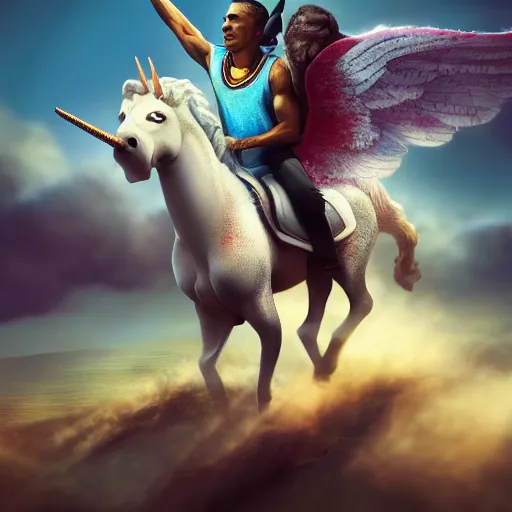 Image similar to obama riding a unicorn, hyperrealistic masterpiece, trending on artstation, cgsociety, kodakchrome, golden ratio, cinematic, composition, beautiful lighting, hyper detailed, octane render, 4 k, unreal engine