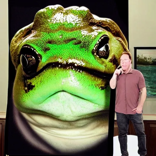 Prompt: A giant oversized fat frog with Alex Jones face