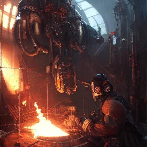 Image similar to portrait of adeptus mechanicus techpriest at a forge, by cedric peyravernay and feng zhu, highly detailed, excellent composition, cinematic concept art, dramatic lighting, trending on artstation