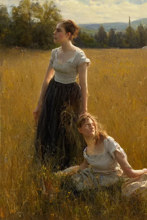 Prompt: Solomon Joseph Solomon and Richard Schmid and Jeremy Lipking painting full length portrait painting of a young woman in the hayfield