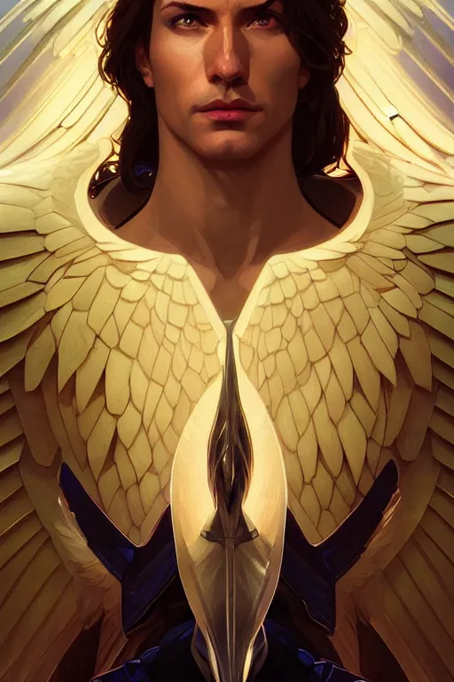 Prompt: a portrait of warren worthington, archangel, male, fantasy, sharp focus, intricate, elegant, digital painting, artstation, matte, highly detailed, concept art, illustration, ambient lighting, art by ilya kuvshinov, artgerm, alphonse mucha, and greg rutkowski