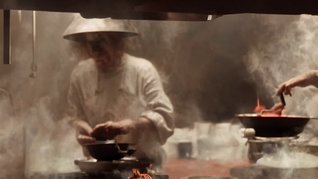 Image similar to a strange creature cooks at a stove, film still from the movie directed by Denis Villeneuve with art direction by Zdzisław Beksiński, close up, telephoto lens, shallow depth of field