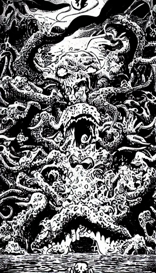 Image similar to man on boat crossing a body of water in hell with creatures in the water, sea of souls, by eiichiro oda