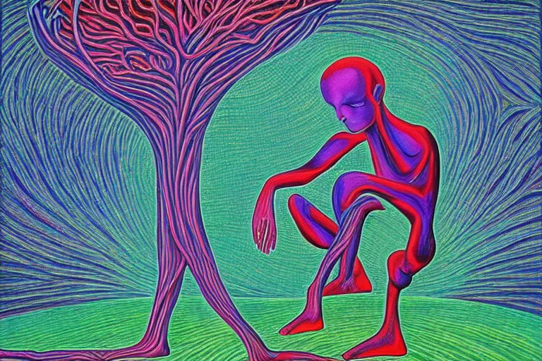 Image similar to painting of a depressed alien meditating under a tree by alex grey, acrylic art, sad, soothing, somber, elegant, soft light,