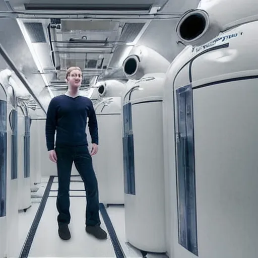 Prompt: mark zuckerberg sitting in front of his clones growing inside a vat of protein fluid. They are inside the cloning med bay of an alien ship. the ceiling and floor glow. from science fiction movie.