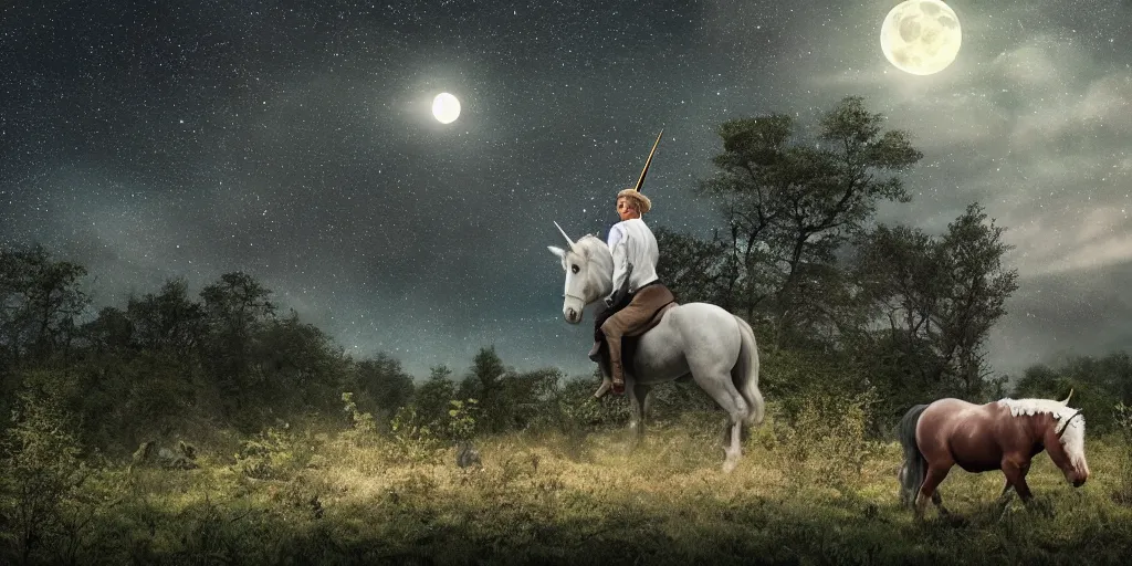 Image similar to morgan freeman riding an unicorn, in the middle of a forest, in the moonlight, night realism, 4 k, octane render, award winning photograph