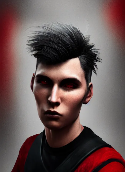 Image similar to An epic fantasy comic book style portrait painting of a young man with black and red cowlick undercut haircut, wearing a red shirt, black overcoat, blue jeans. Unreal 5, DAZ, hyperrealistic, octane render, cosplay, RPG portrait, dynamic lighting