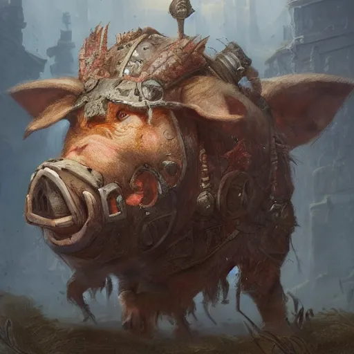 Prompt: a detailed portrait of a post - apocalyptic warrior pig, by justin gerard and greg rutkowski, digital art, realistic painting, dnd, character design, trending on artstation