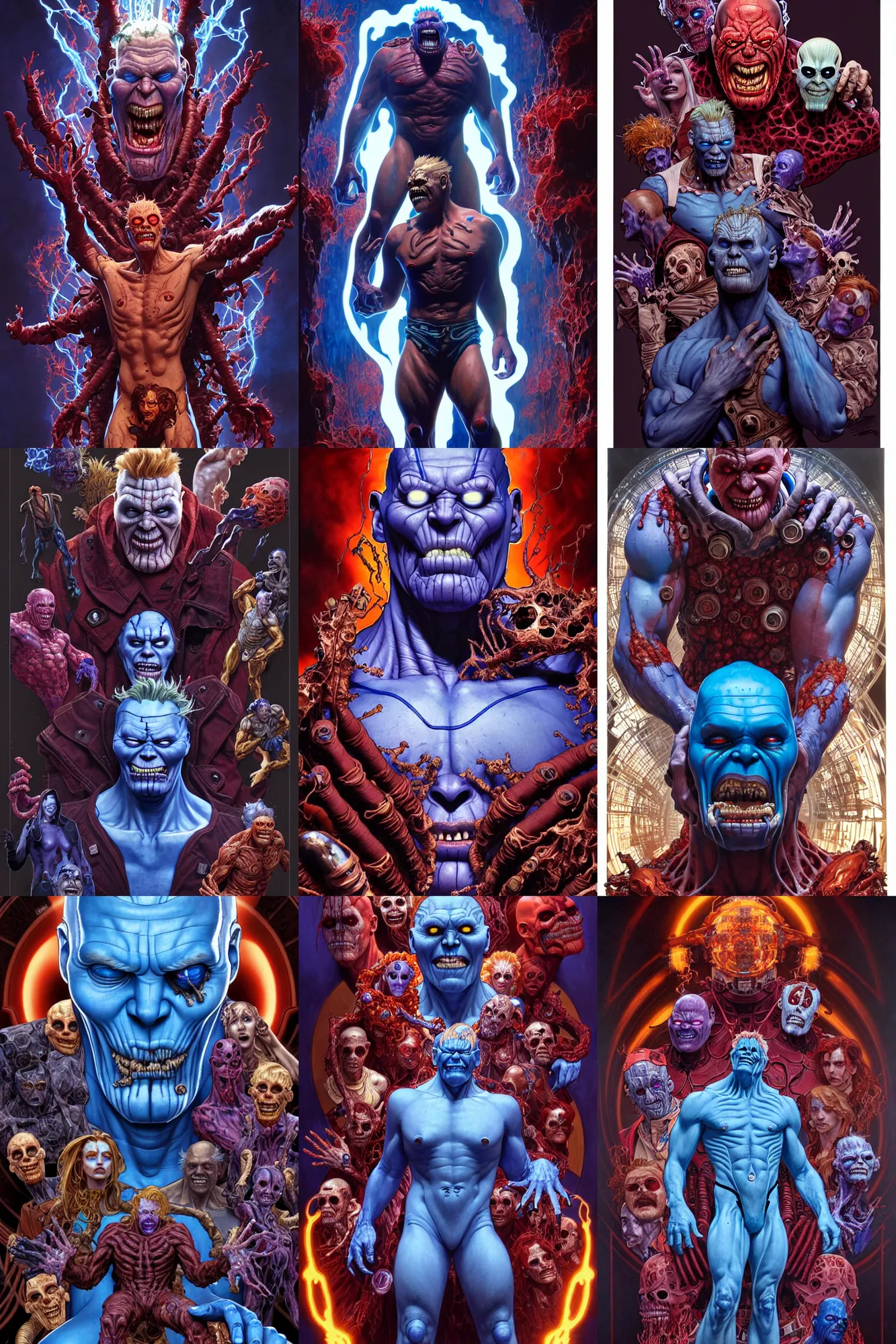 Prompt: the platonic ideal of cletus kasady carnage thanos immortan joe doctor manhattan chtulu, detailed, intricate, hyperrealism, intense, scary art by brock hofer and artgerm and greg rutkowski and alphonse mucha