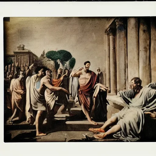 Prompt: a Polaroid photo of the death of Julius Caesar in ancient Rome