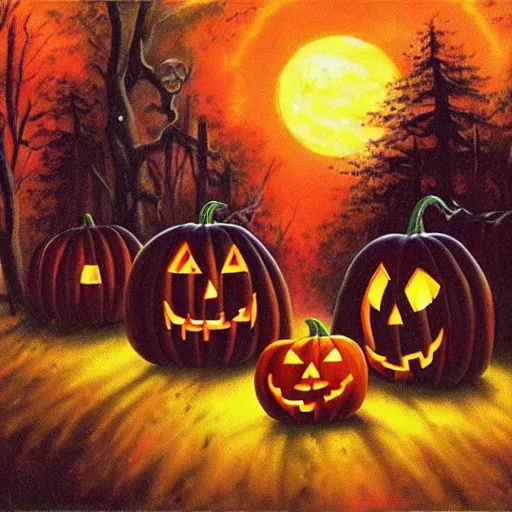 Image similar to halloween scene painted by bob ross