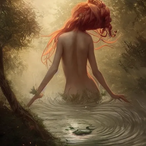 Prompt: forest nymph rising from the water. view from behind, wide angle view, back view. nuri iyem, james gurney, james jean, greg rutkowski, anato finnstark. trending on artstation, starlight, and enchanted dreams. instagram