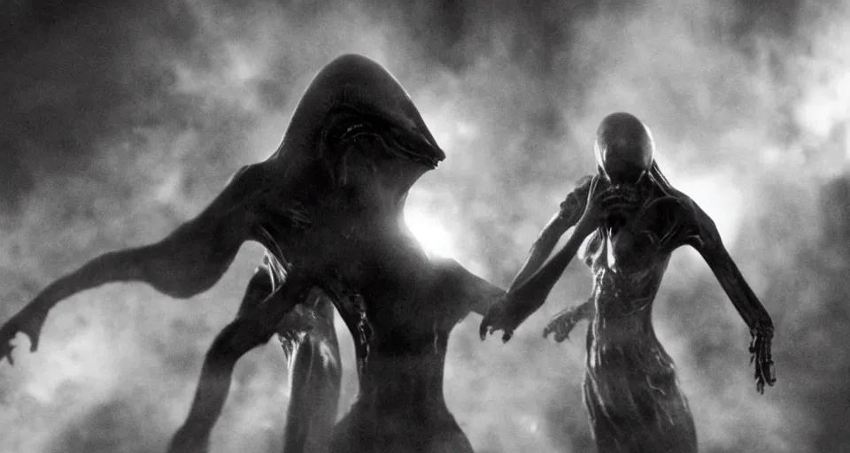 Prompt: Horror film, cinematic tones. Scene where an alien attacks a woman.