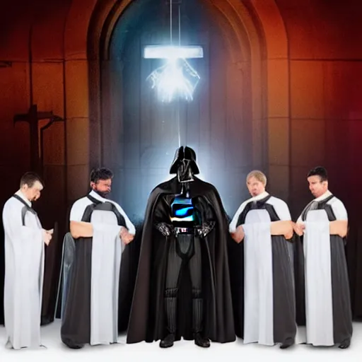 Prompt: Darth Vader getting baptized. Catholic Cathedral background. Family and Friends watching. studio lighting, epic, 8k