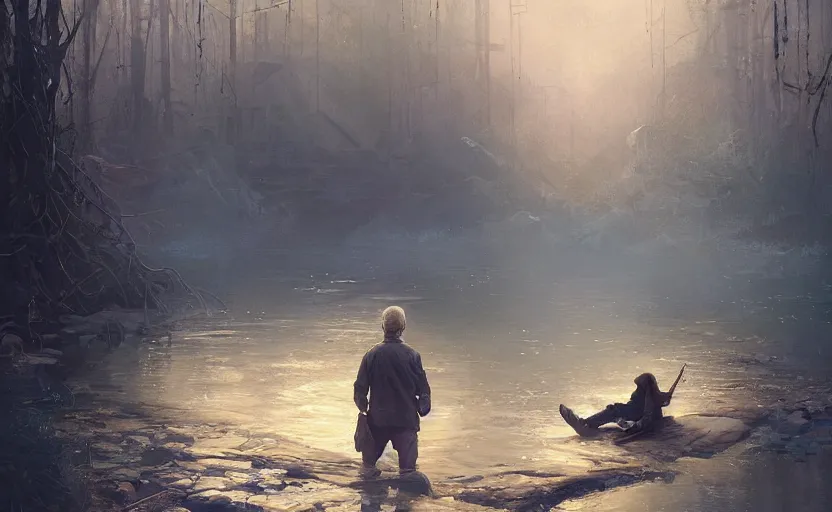 Image similar to highly detailed portrait of joe biden as a homeless, stuck in the river, stephen bliss, unreal engine, fantasy art by greg rutkowski, loish, rhads, ferdinand knab, makoto shinkai and lois van baarle, ilya kuvshinov, rossdraws, tom bagshaw, global illumination, radiant light, detailed and intricate environment